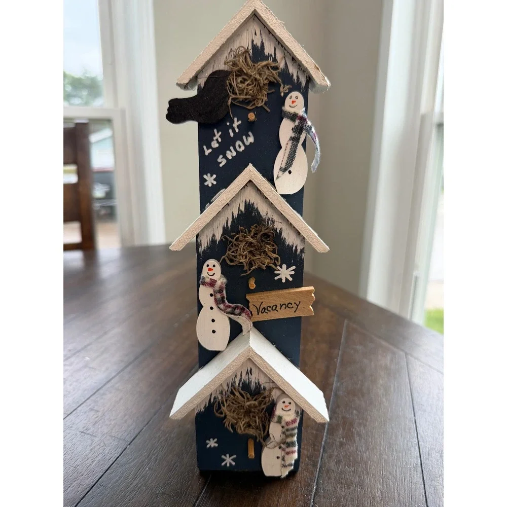 Rustic Wooden Snowman Birdhouse Tower Winter Decor Let It Snow 12 Inch Navy Blue